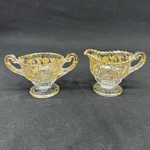 Cambridge‎ Glass Cream And Sugar Set With Gold Encrusted Decoration, Vintage